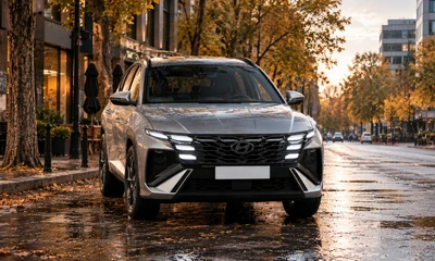 Weißer Hyundai SUV in einer herbstlichen Stadt.