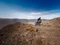 Fahrendes Honda Motorrad in Bewegung durch offene Steppenlandschaft.