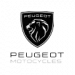 Schwarzes Peugeot Motorrad-Logo in Form eines Wappens mit einem Löwenkopf.