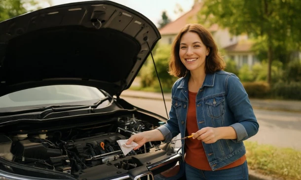Frau lächelt beim Prüfen des Ölstands ihres geparkten Honda in ruhigem Wohngebiet.